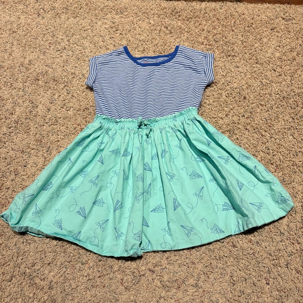 Cat & Jack Blue & Green Striped Kids Dress w/ Paper Airplaine Skirt Pattern - XS